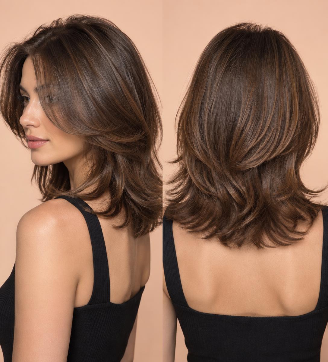 Layered shoulder-length haircut shown from the front and back